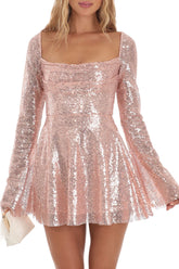 Glitzerndes Pailletten Plissee Party Minikleid mit Glockenärmeln und quadratischem Ausschnitt - Gold